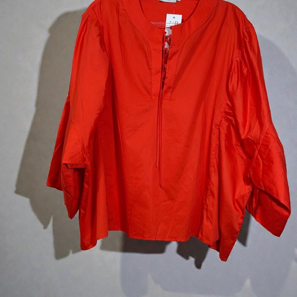 Harshman Joelle Blouse 3X Coral Red 100% Cotton Lace Up V-Neck Boho Chic Coastal - Picture 9 of 10